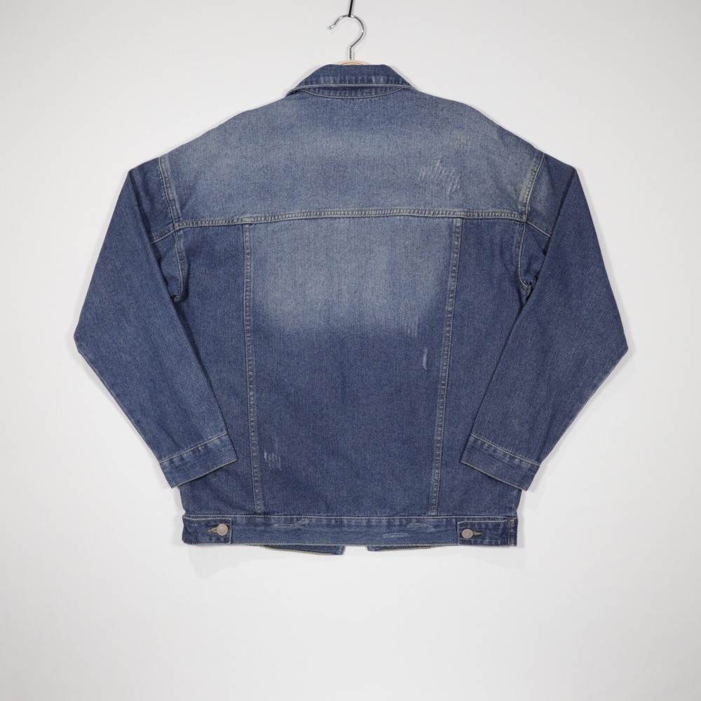 YMI Women's Distressed Oversized Denim Jacket Blue Long Sleeve Button Up Size S - Picture 4 of 8